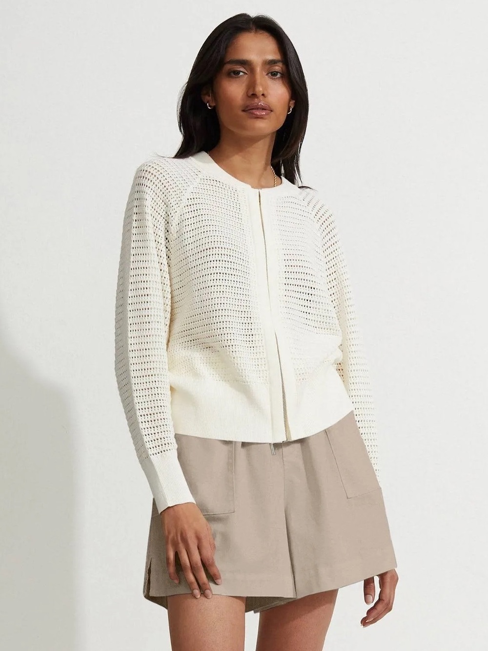 Varley Cameron Knit Crewneck Zip Up Sweater - Cream/White XS